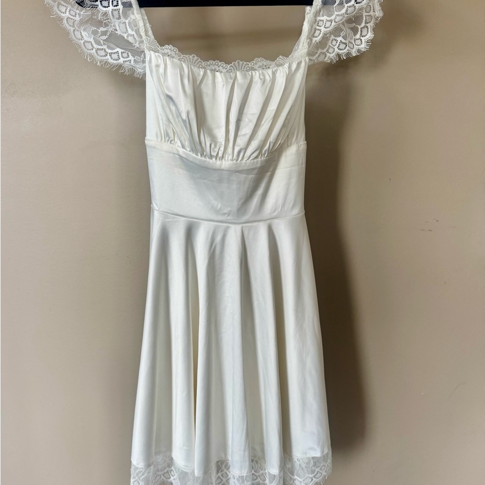 White Lace Trim Satin Dress